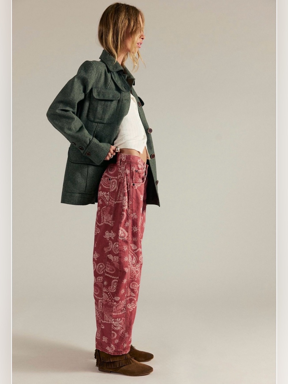 Free People We The Free Good Luck Printed Barrel Jeans Bandana Block - 29 - Picture 8 of 14